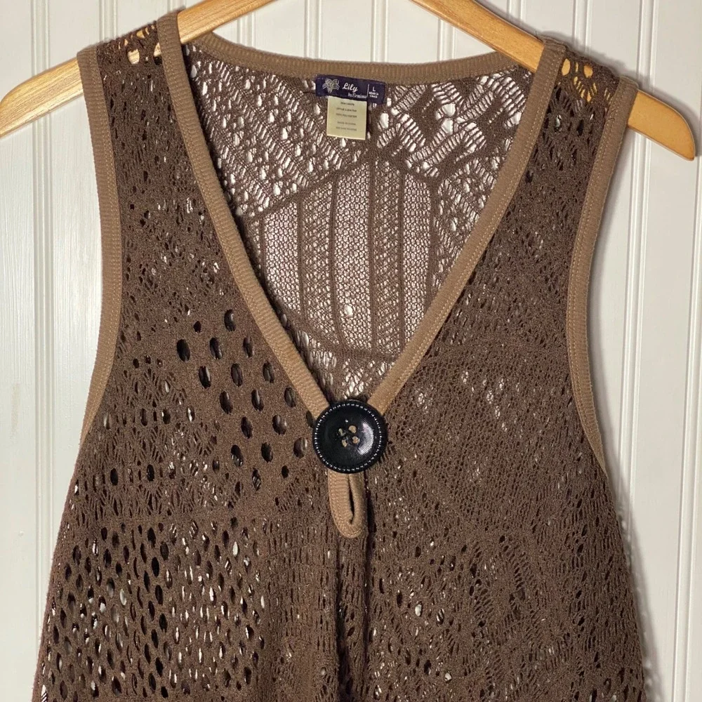 Lily by Firmiana Whimsigoth Brown Crochet Knit Vest Boho Longline Goblincore - L